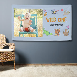 Wild One Oerwoud Safari Blauw 1e Verjaardag Spandoek