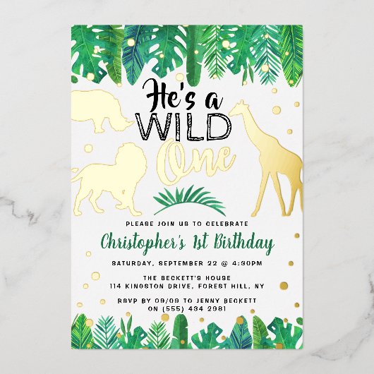 Wild One Oerwoud Safari Boys 1st Birthday Real Folie Uitnodiging (Voorkant)