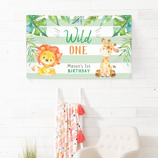 Wild One Oerwoud Safari Boys Eerste Verjaardagsfee Spandoek (Insitu)