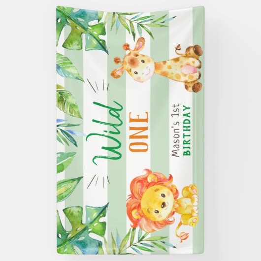 Wild One Oerwoud Safari Boys Eerste Verjaardagsfee Spandoek (Verticaal)