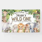 Wild One Oerwoud Safari Dier 1e verjaardagswelkom Spandoek (Horizontaal)