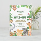 Wild One Oerwoud Safari Eerste Verjaardagsuitnodig Kaart (Staand voorkant)