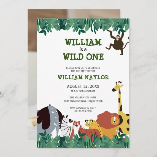 Wild One Oerwoud Safari Foto eerste verjaardag Kaart (Voorkant / Achterkant)