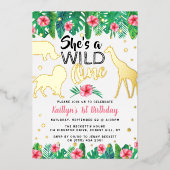 Wild One Oerwoud Safari Girls 1ste verjaardag Real Folie Uitnodiging (Voorkant)