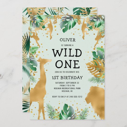 Wild One Oerwoud Safari Green Gold 1ste verjaardag Kaart (Voorkant / Achterkant)