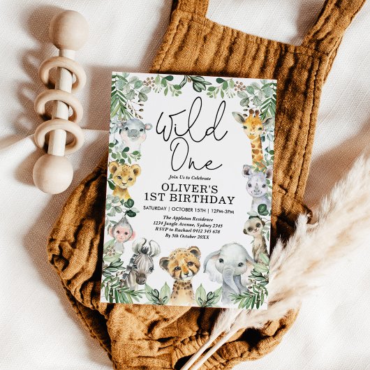 Wild One Oerwoud Safari Greenery 1st Birthday Boy Kaart