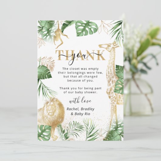 Wild One Oerwoud Safari Greenery Baby shower Bedankkaart (Staand voorkant)
