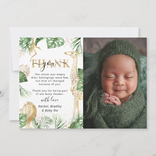 Wild One Oerwoud Safari Greenery Baby shower Foto Bedankkaart (Voorkant)