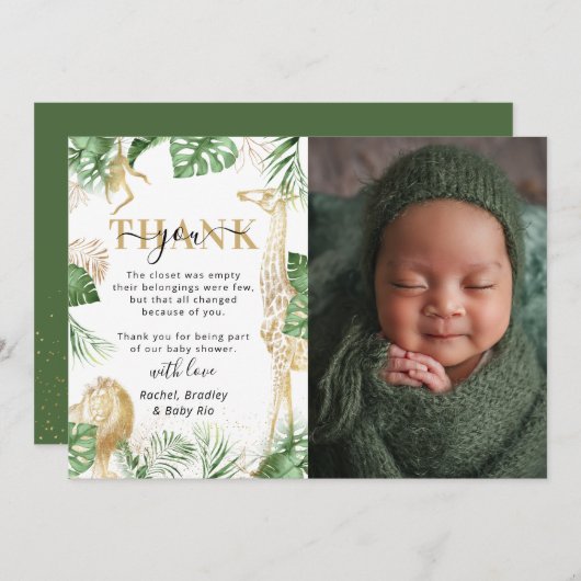 Wild One Oerwoud Safari Greenery Baby shower Foto Bedankkaart (Voorkant / Achterkant)