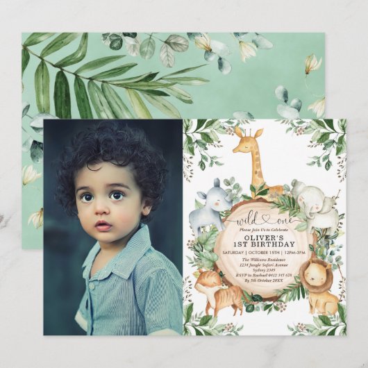Wild One Oerwoud Safari Party Animals 1e verjaarda Kaart (Voorkant / Achterkant)