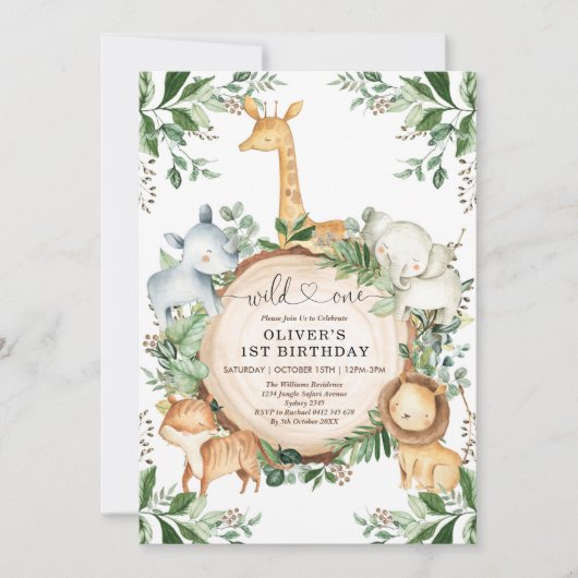 Wild One Oerwoud Safari Party Animals 1ste verjaar Kaart (Voorkant)