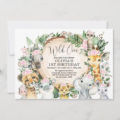 Wild One Oerwoud Safari Pink Floral Girls Birthday Kaart (Voorkant)