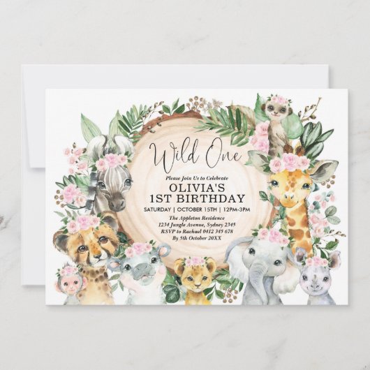 Wild One Oerwoud Safari Pink Floral Girls Birthday Kaart (Voorkant)