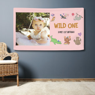 Wild One Oerwoud Safari Roze 1e Verjaardag Spandoek