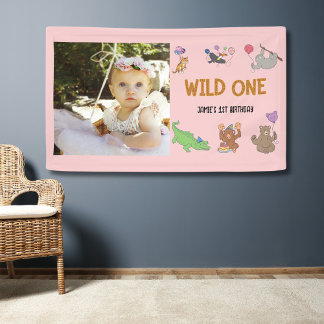 Wild One Oerwoud Safari Roze 1e Verjaardag Spandoek