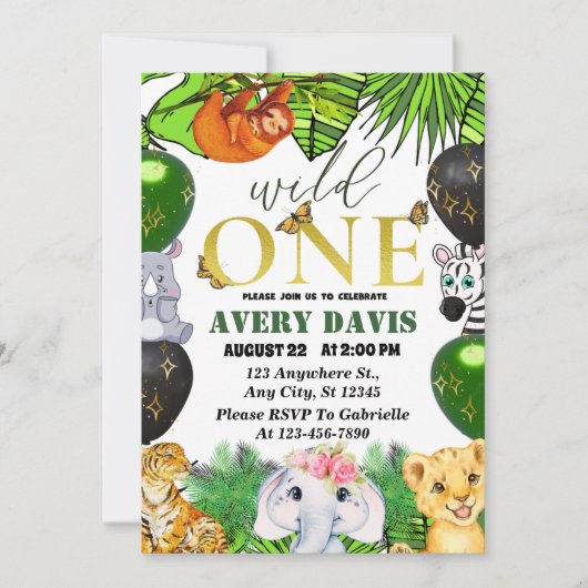 Wild One Oerwoud Safari Thaping 1st Birthday kinde Kaart (Voorkant)