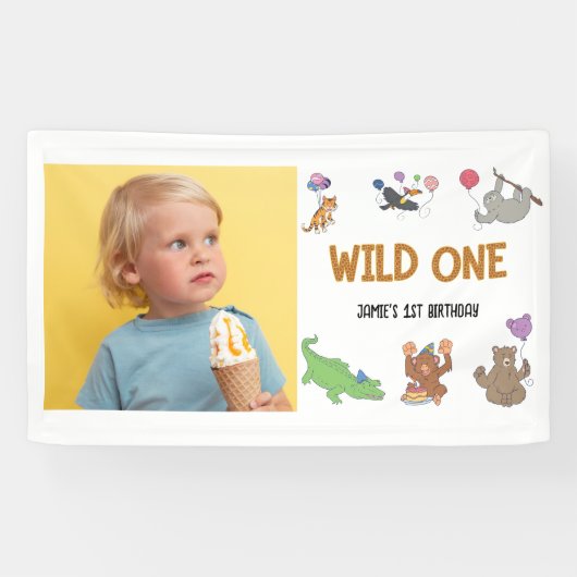 Wild One Oerwoud Safari Thema 1e Verjaardag Spandoek (Horizontaal)