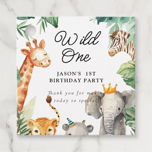 Wild One Oerwoud Safari Verjaardag Bedankjes Labels (Voorkant)