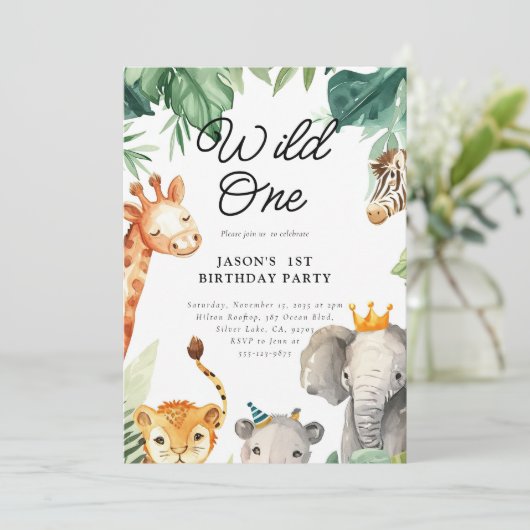 Wild One Oerwoud Safari Verjaardagsuitnodiging Kaart (Staand voorkant)