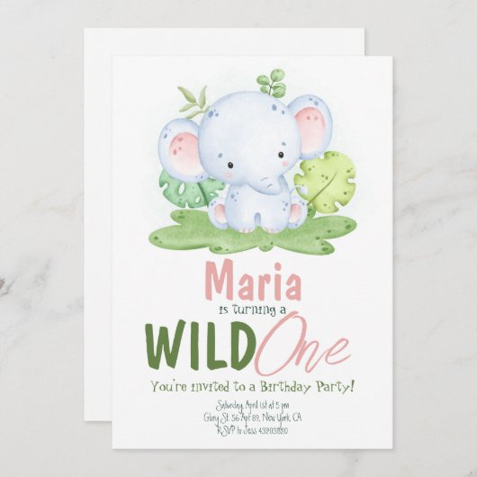Wild One Olifant Safari Verjaardag uitnodiging (Voorkant / Achterkant)