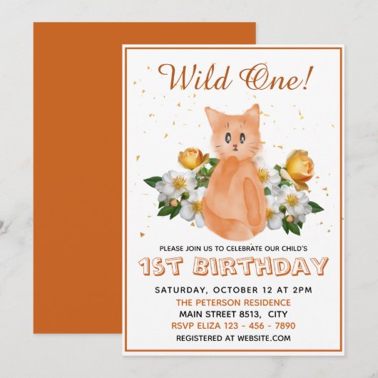 Wild One - Oranje Baby Cat - 1e verjaardag Kaart (Voorkant / Achterkant)