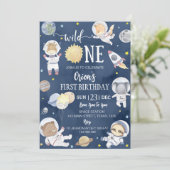 Wild One Outer Space Safari Dieren 1e verjaardag Kaart (Staand voorkant)