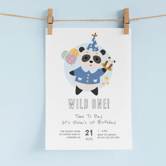 Wild One Panda Beer Blauw 1e Verjaardag Kaart
