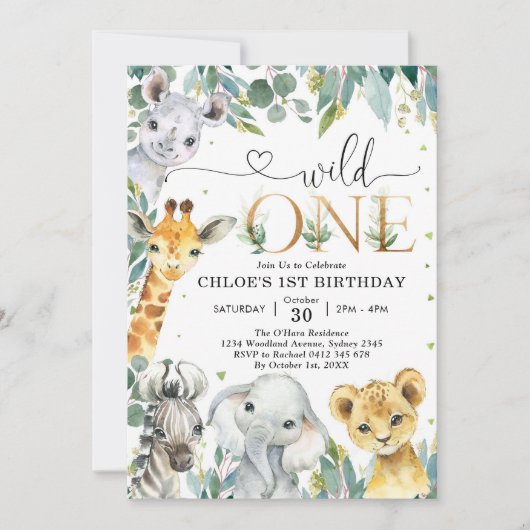 Wild One Party Animals 1st Birthday Invitation Kaart (Voorkant)