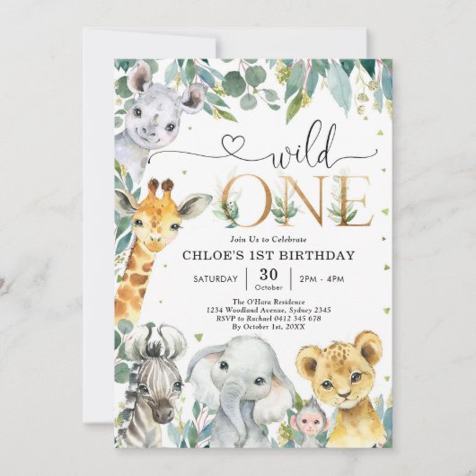 Wild One Party Animals 1st Birthday Invitation Kaart (Voorkant)