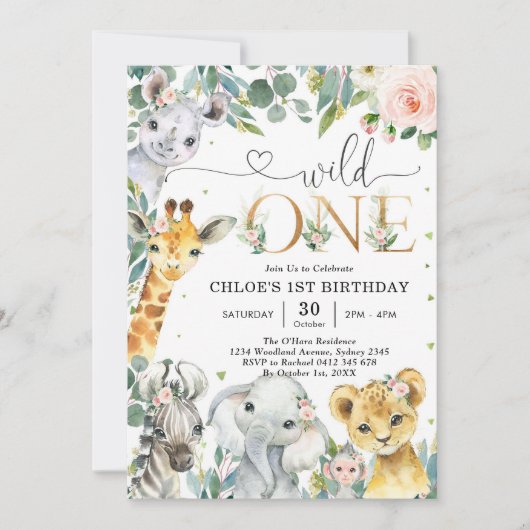 Wild One Party Animals 1st Birthday Invitation Kaart (Voorkant)