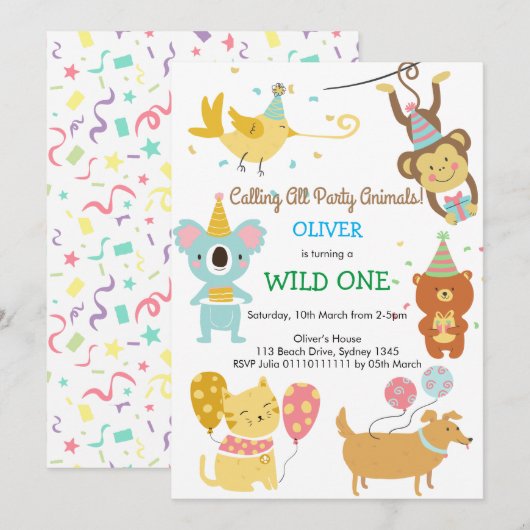 Wild One party Animals Boy Baby verjaardag Kaart (Voorkant / Achterkant)