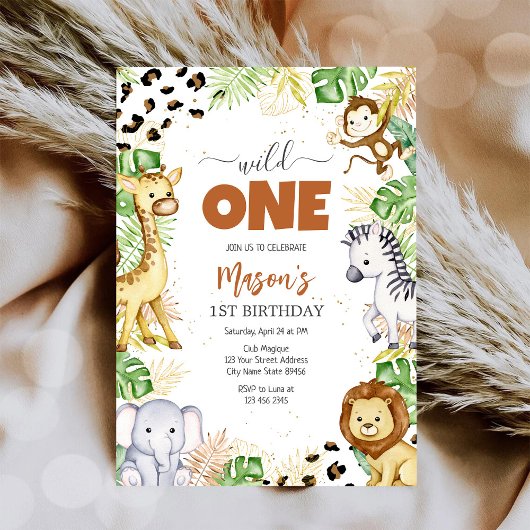 Wild One Party Animals Kids 1st Birthday Kaart