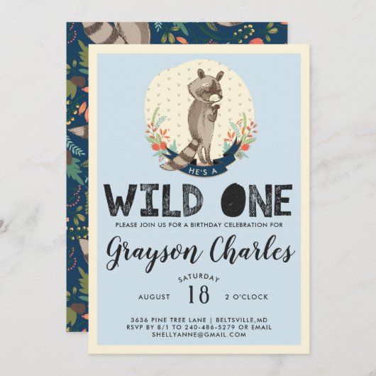 Wild One Party Uitnodiging | Little Raccoon (Voorkant / Achterkant)