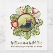 Wild One Photo Safari Animals Oerwoud 1st Birthday Wijn Etiket (Enkel label)