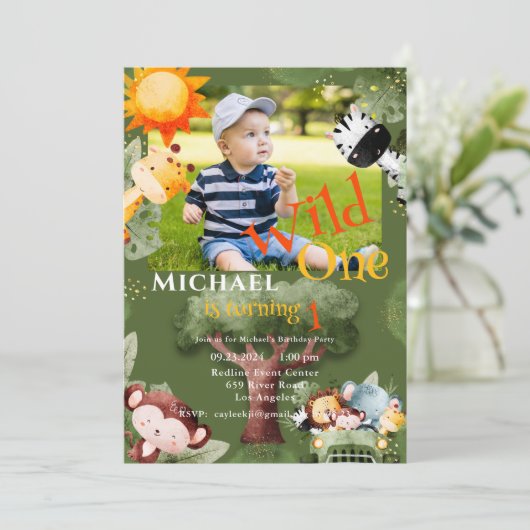 Wild One Photo Safari Dieren Verjaardagsfeest Kaart (Staand voorkant)