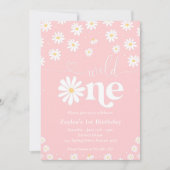 Wild One Pink Daisy Girl 1st Birthday Invitation Kaart (Voorkant)