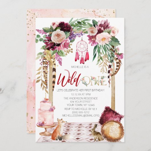 Wild One Pink Gold Boho Dream Catcher Birthday Kaart (Voorkant / Achterkant)