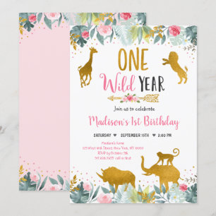 Wild One Pink Gold Greenery Safari Birthday Kaart