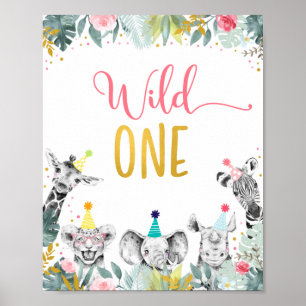 Wild One Pink Gold Party Animal Birthday Sign Poster