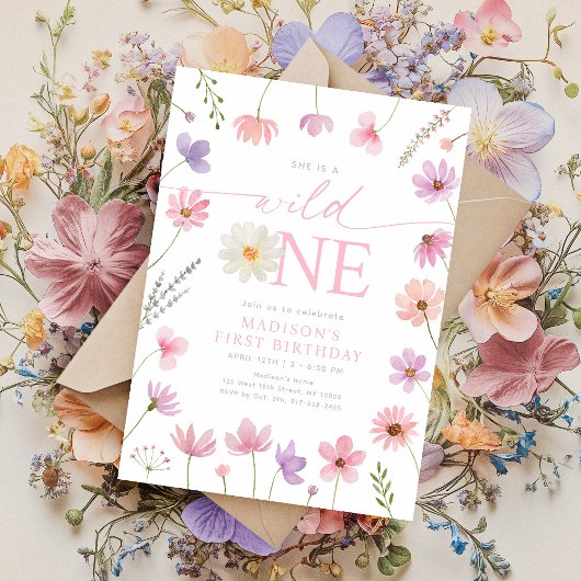 Wild One Pink Paarse Wildflowers Eerste Verjaardag Kaart