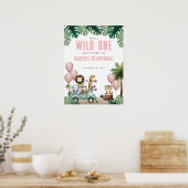 Wild One Pink Safari 1st Birthday Welcome Poster (Keuken)