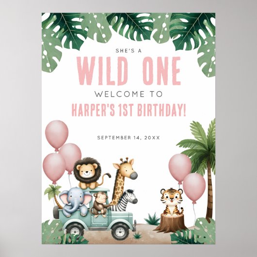 Wild One Pink Safari 1st Birthday Welcome Poster (Voorkant)