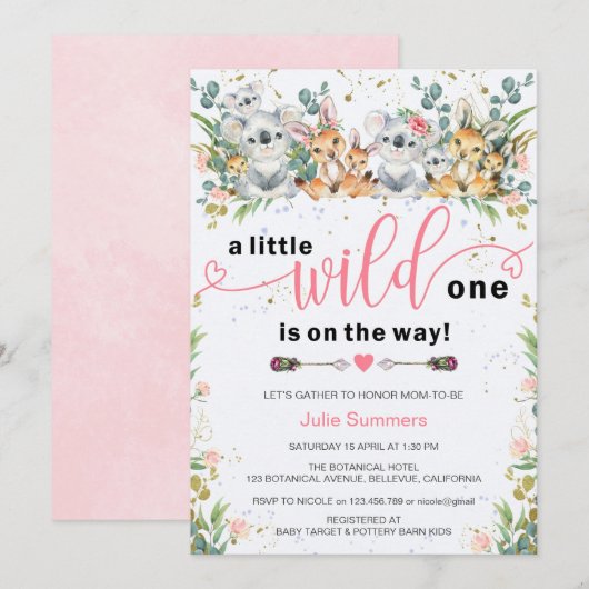 Wild One Pink Safari Girl Baby shower Kaart (Voorkant / Achterkant)