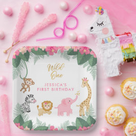 Wild ONE - Pink Safari Girl's eerste verjaardag Papieren Bordje