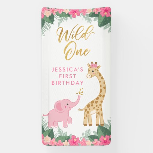 Wild ONE - Pink Safari Girl's eerste verjaardag Spandoek (Verticaal)