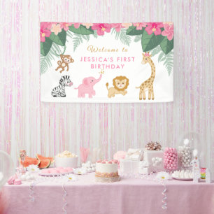Wild ONE - Pink Safari Girl's eerste verjaardag Spandoek