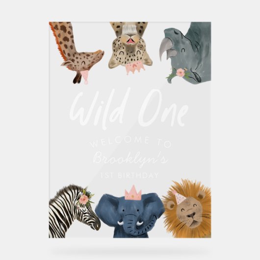 Wild One Pink Safari Verjaardag Welkom Acryl Bord (Voorkant)