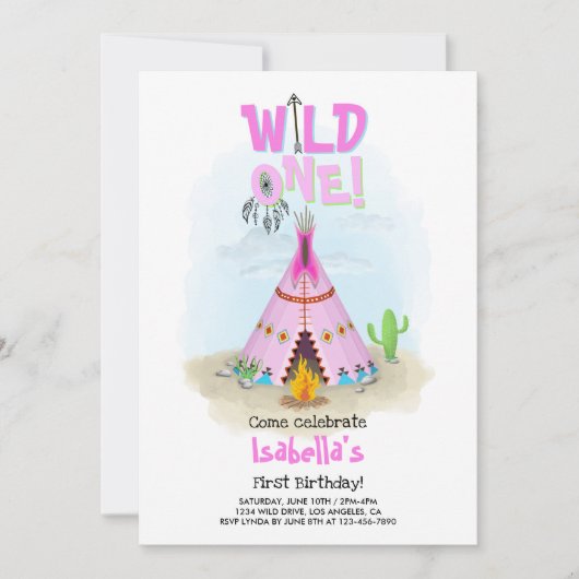 Wild One Pink Tribal Teepee Girl Birthday Kaart (Voorkant)