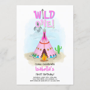 Wild One Pink Tribal Teepee Girl Birthday Kaart