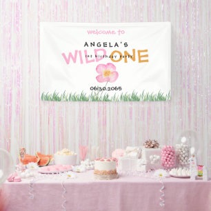 Wild One Pink Wildflower 1e verjaardag Spandoek